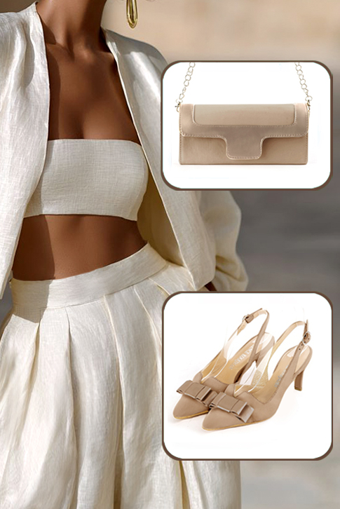 Women's tan beige elegant slingback heels, with a bow on the front. Tapered toe. Medium slim heel - Worn view